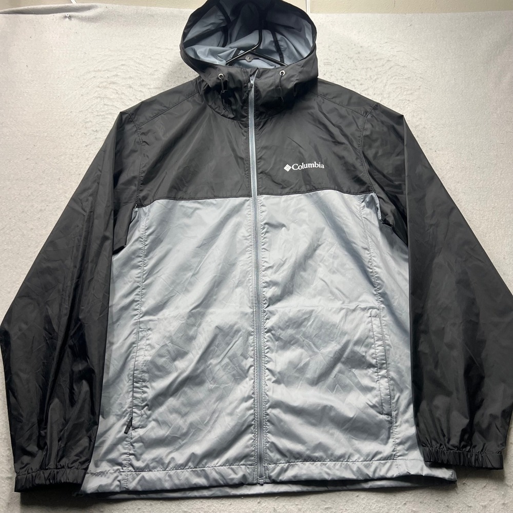 Columbia Mens Windbreaker Jacket Black Grey Colorblock Full Zip Hooded Medium